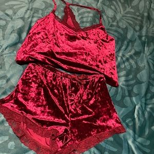 Medium to Large burgundy Velvet Soft Fresh Sexy With Lace Detail Pajama Set